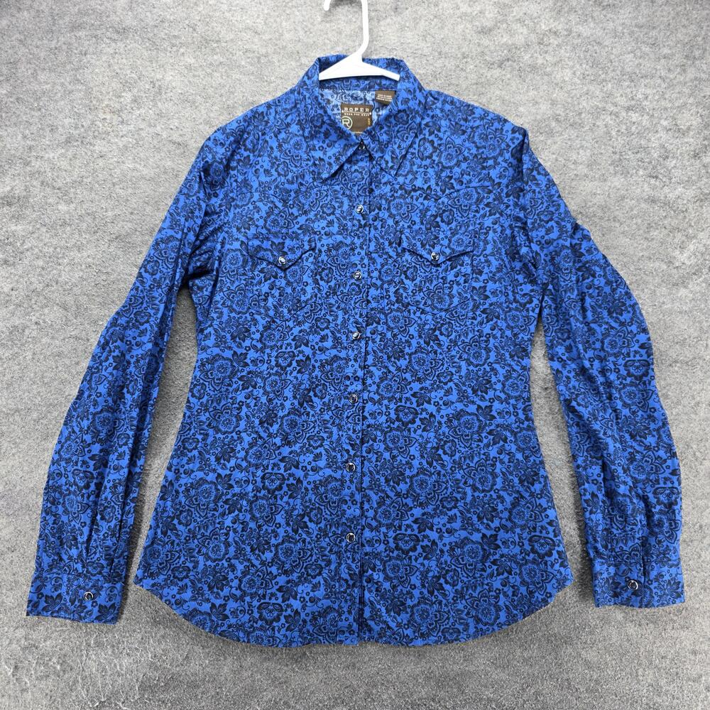 Roper Button-Up Womens M Blue Paisley Long Sleeve Western Snap Pockets Cotton